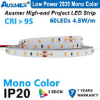 Auxmer Low Power 2835 LED Strip,Mono Color,120LEDs/m 240LEDs/m,CRI＞95/90,3SDCM,Super Bright Flex LED DC12/24V,5m/reel,IP20