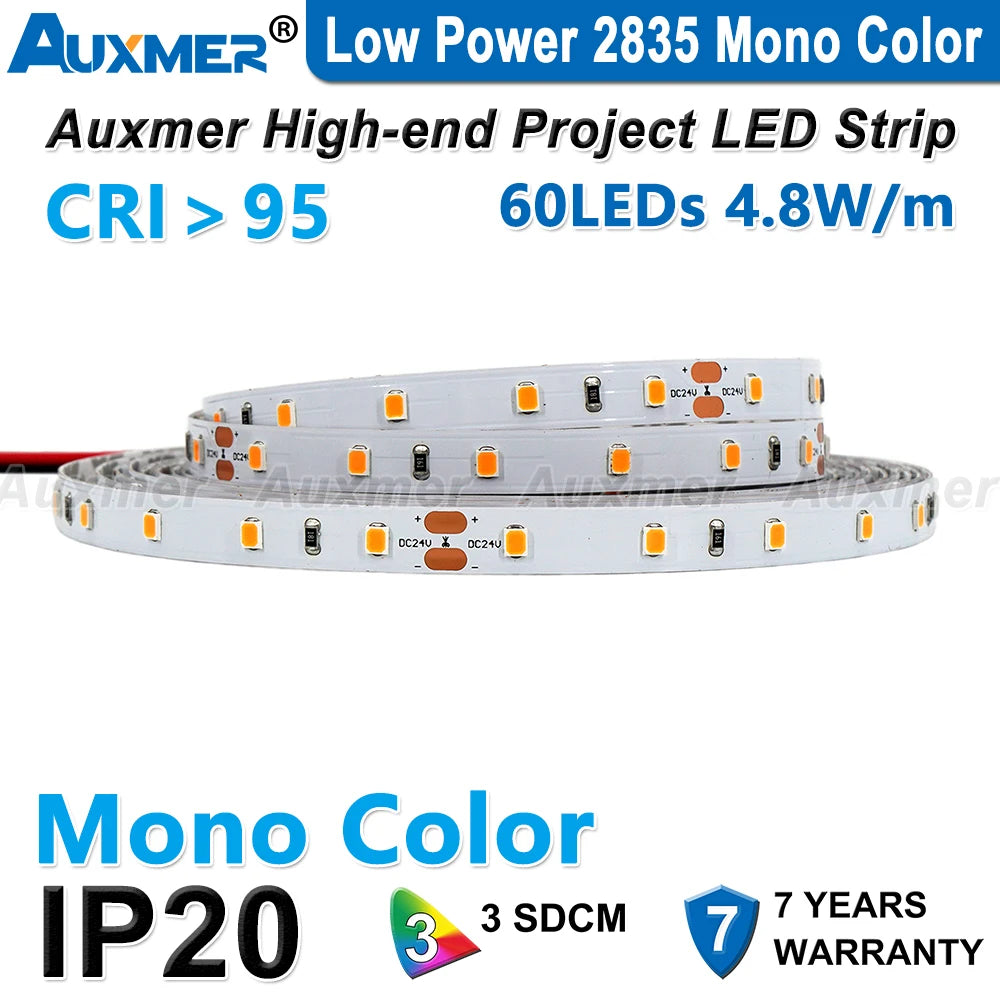Auxmer Low Power 2835 LED Strip,Mono Color,120LEDs/m 240LEDs/m,CRI＞95/90,3SDCM,Super Bright Flex LED DC12/24V,5m/reel,IP20