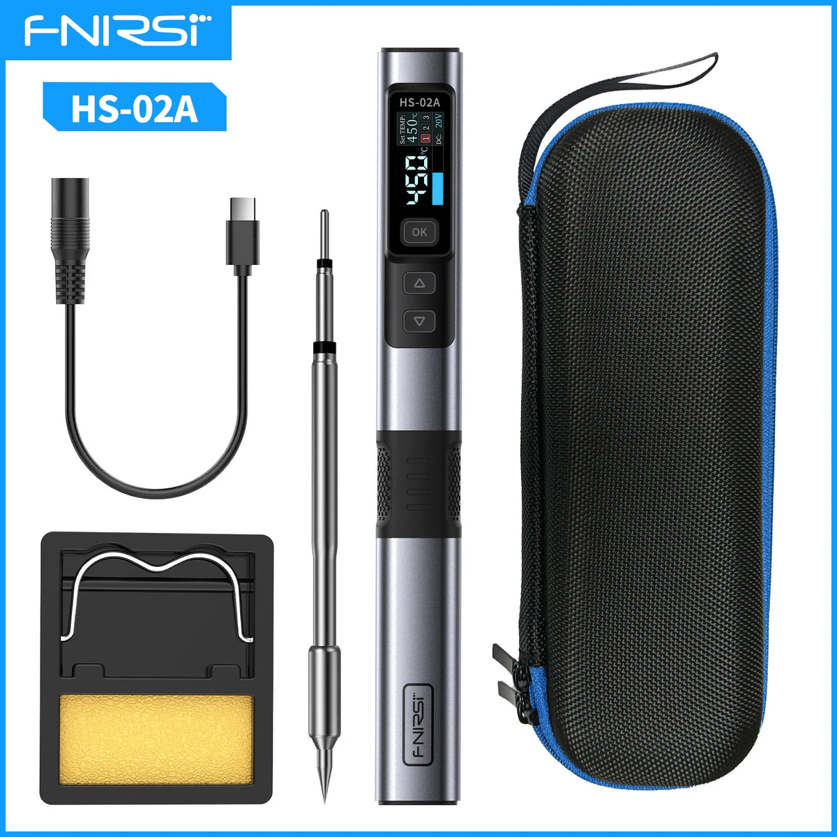 FNIRSI HS-02 Smart Electric Soldering Iron PD 100W Adjustable Constant Temperature Fast Heat Portable Soldering Iron Station Kit