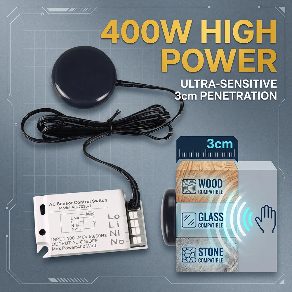 110V 220V 400W Hidden Wooden Touch High-Power 400W Controller for Cabinet, Nightstand, and LED Strip Lights Touch Switch Sensor