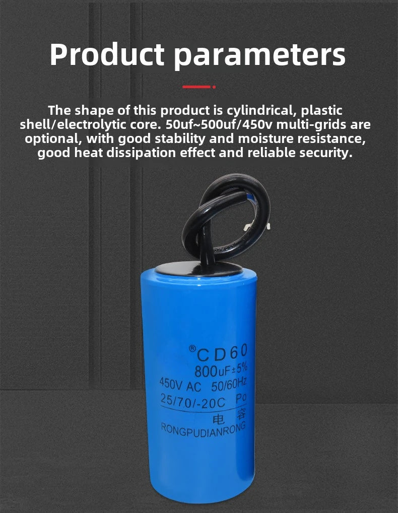 CD60 Motor Water Pump Starting Capacitor 250V 450V AC 50UF 75UF 100UF 150UF 200UF 250UF 300UF 350UF 400UF 500UF 600UF 800UF