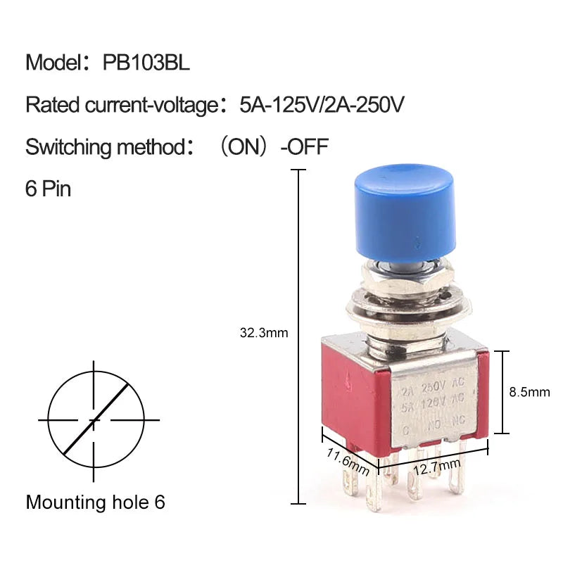 5PCS 3Pin C-NO-NC Reset Latching Toggle Switch Automatic return Push Button (ON)-OFF 5A125V/2A250V 6mm Mini Toggle Switches
