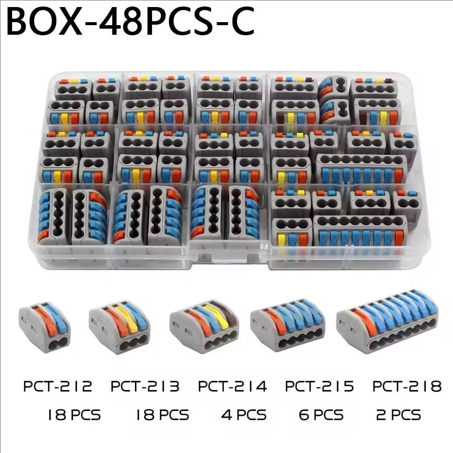 Electrical Wire Connector Set 48/62PCS 2/3/4/5/8 Port Lever Quick Splice Wire Connectors 32A 250V AWG28-12 0.08-4mm2 Storage Box