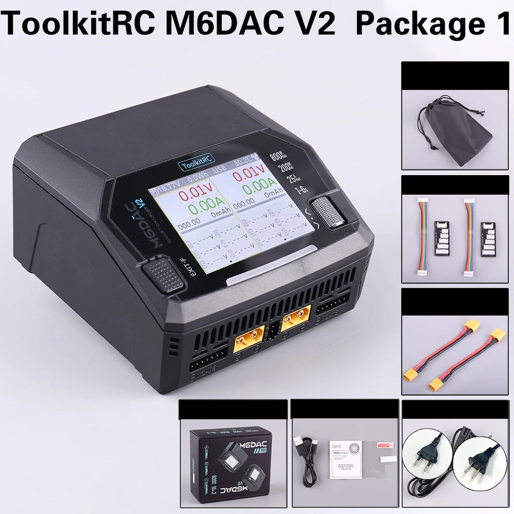 ToolkitRC M6DAC PRO V2 Dual Channel Smart Lipo Battery Charger Discharger AC 200W DC 800W 16A for 1-6S LiHV LiPo PD65W FPV Drone