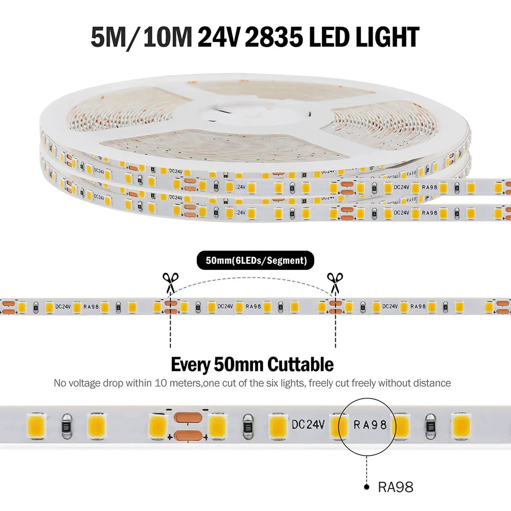 5mm 8mm Led Strip Light RA98 10mm PCB 2700K 3000K 3500K 4000K 5000K 6000K 5m 10m 24V 2835 120 240 LEDs Flexible Tape Lighting