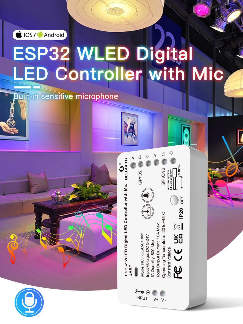 GLEDOPTO ESP32 WLED LED Controller With Mic DIY Music Dynamic Modes For WS2811 WS2812 SK6812 TM1814 WS2813 WS2815 Strip Lights