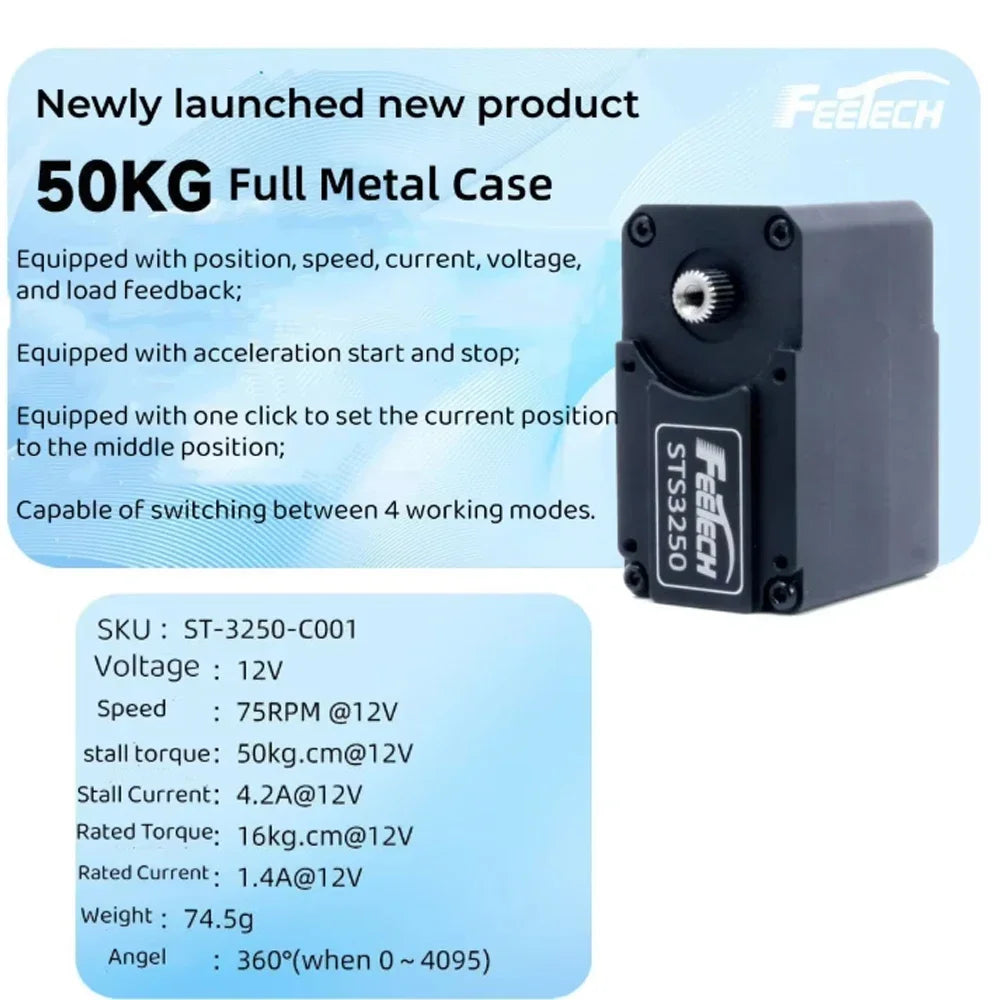 Feetech STS3250 12V 50KG Magnetic Encoder Double Shaft TTL Servo Coreless Motor Aluminum Case 360 Degrees Serial Bus Smart Servo