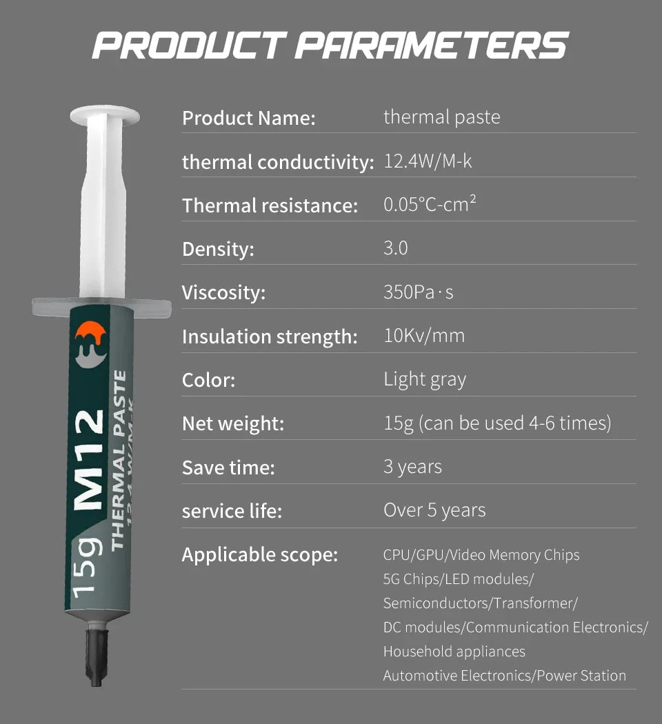 New High Performance Thermal Grease M12 Thermal Paste Plaster Pasta Termica 12.4W/mK 1/4/8/15/30g For CPU/PS5/LED/Desktop PC