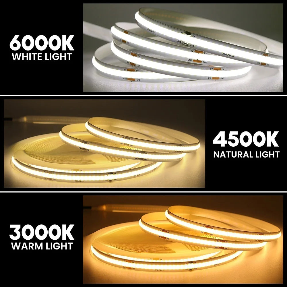 New 5V USB COB Strip Light 320Leds/m Warm Natural White Cabinet Lamp Night Lighting Flexible LED Ribbon Stripe DC5V TV Backlight