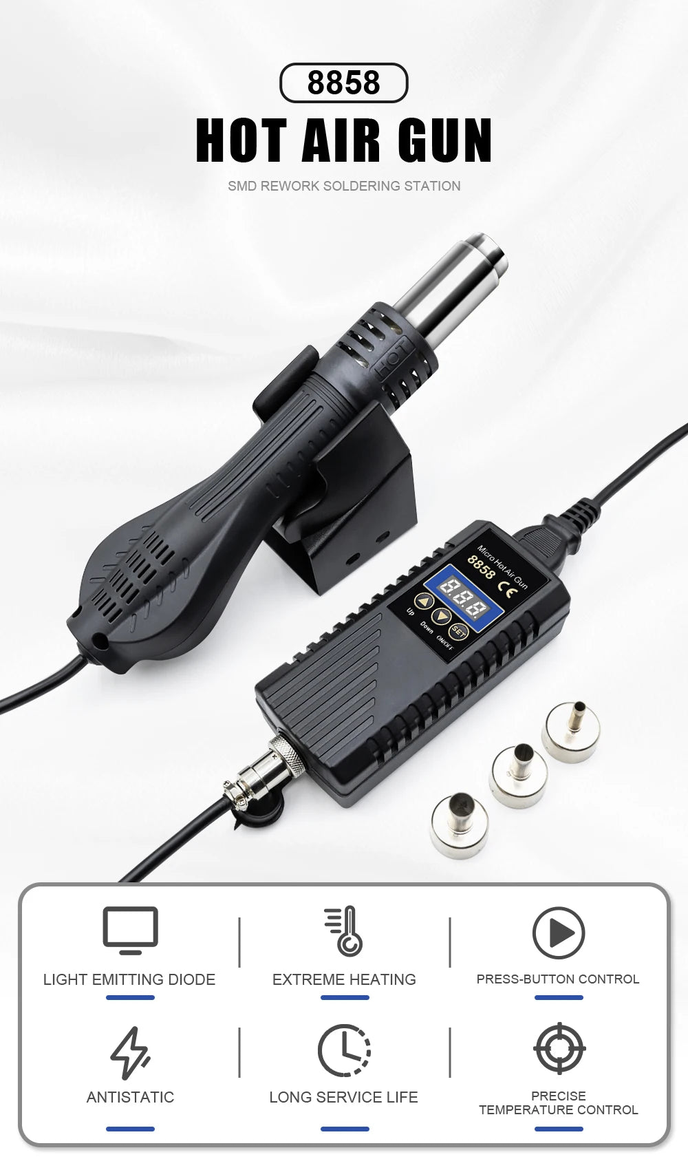 JCD 8858 Micro Hot Air Gun 750W Rework Soldering Station LCD Digital Hair Dryer For Soldering 110V Heat Gun Welding Repair Tools