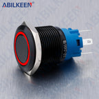 ABILKEEN 19mm Black Shell Push Button Switch LED Ring Illuminate Momentary/Latching Function 1NO1NC IP65 Waterproof Push Button