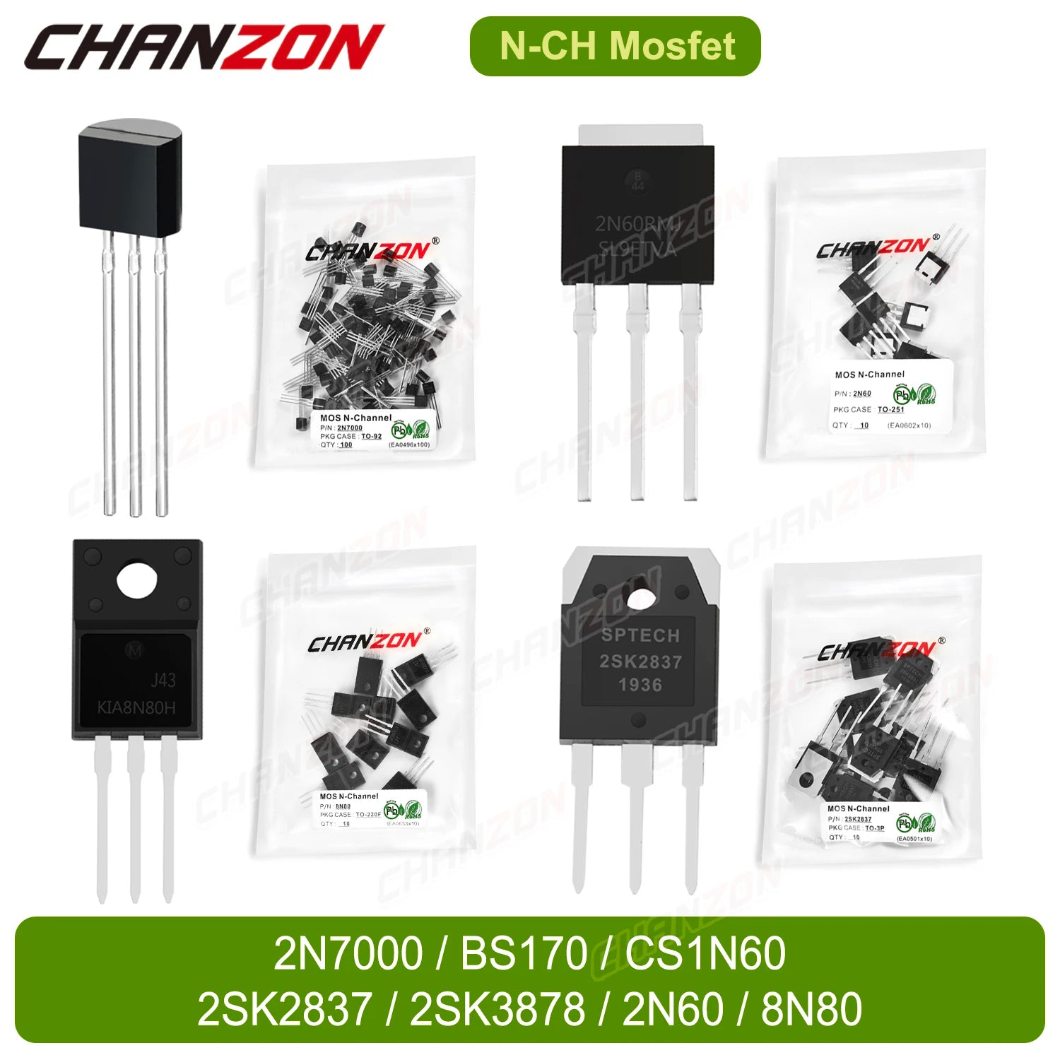 10/100PCS 2N7000 BS170 CS1N60 2SK2837 2SK3878 2N60 8N80 N-Channel Mosfet  Assorted Triode Transistor TO-92 TO-3P TO-251 TO220F