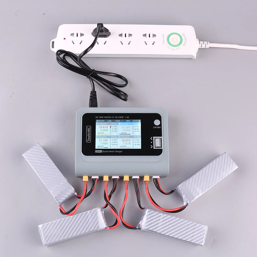ToolkitRC Q4AC 4x50W 5A AC 100W 4 Port DC Smart Discharger Charger XT60/XT30 Optional for 1-4S Lipo Battery