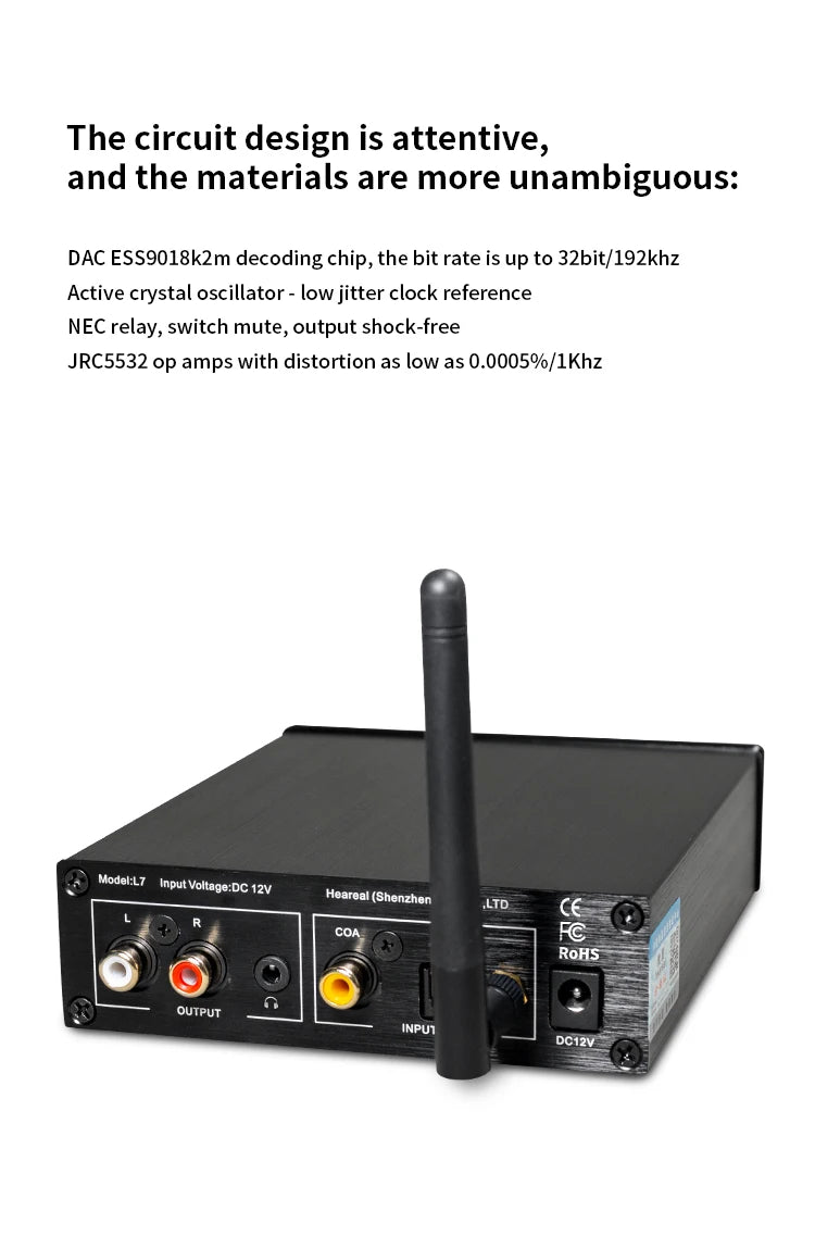HiFi Bluetooth 5.3 Audio Receiver DAC Preamp with ESS9018K2M, 32bit/192kHz, Optical Coaxial Input, RCA/3.5mm Output