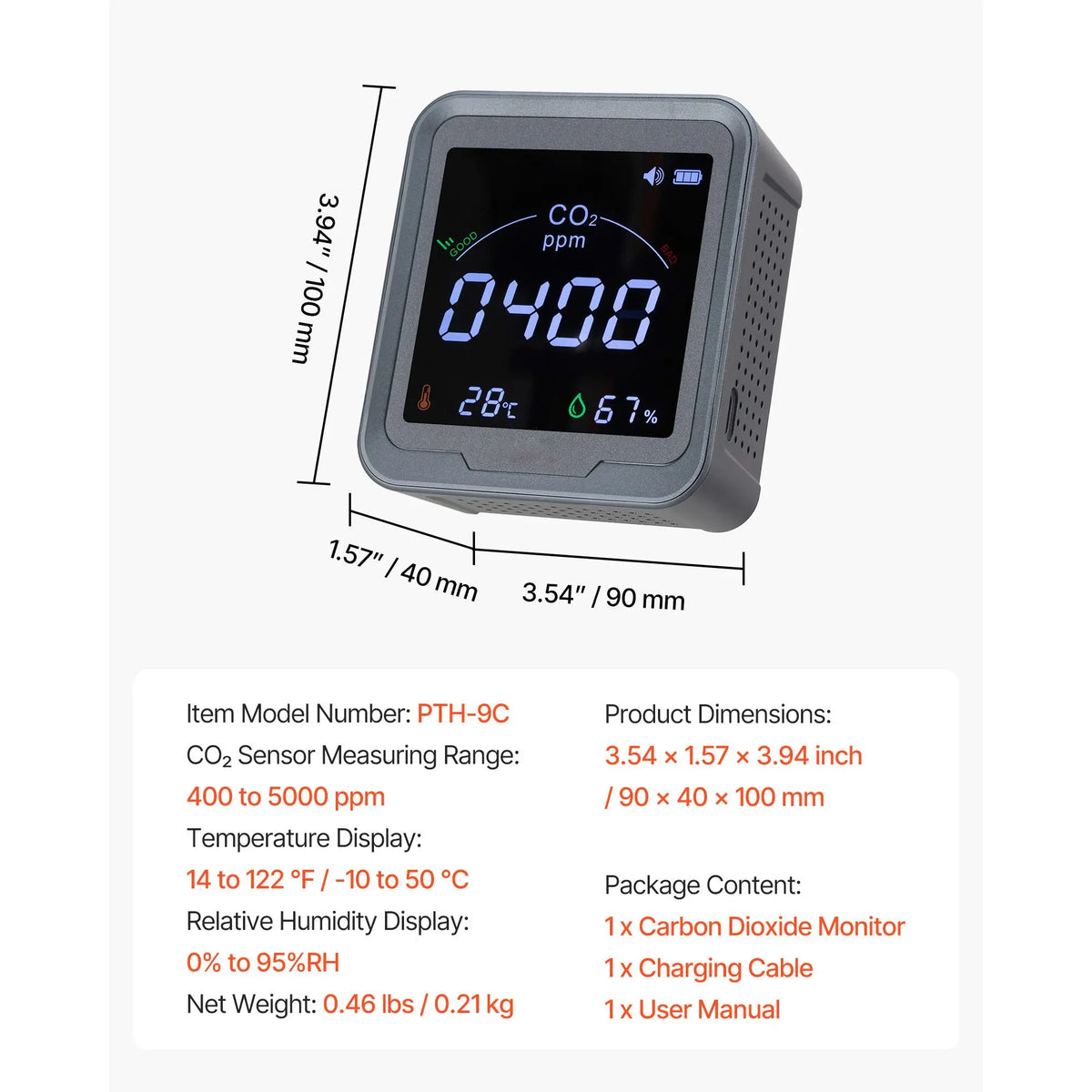 Carbon Dioxide Monitor, CO2 Controller with Temperature and Humidity Display, NDIR Sensor, Carbon Dioxide Detector for Bedside