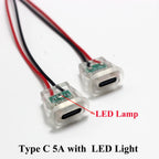 5A USB-C Type Waterproof USB Connector Direct Compression Female Base Socket Charging Interface With Welding Wire LED Lights
