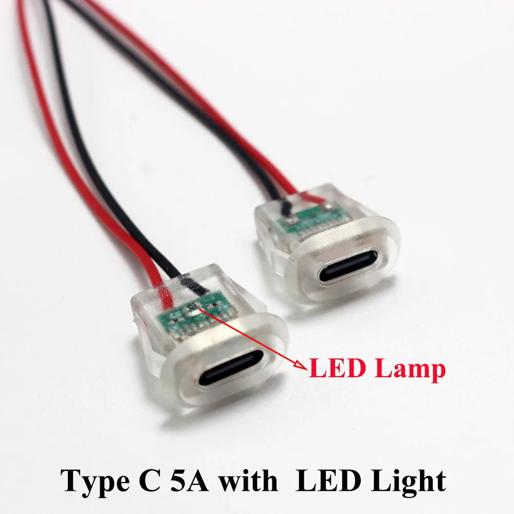 5A USB-C Type Waterproof USB Connector Direct Compression Female Base Socket Charging Interface With Welding Wire LED Lights