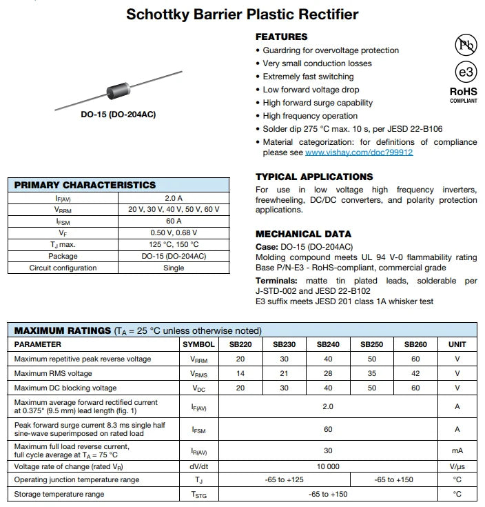 20PCS SB120 SB130 SB140 SB150 SB160 SB180 SB1100 SB1200 SB240 SB260  SB2100 SB2200 DIP Schottky Rectifiers