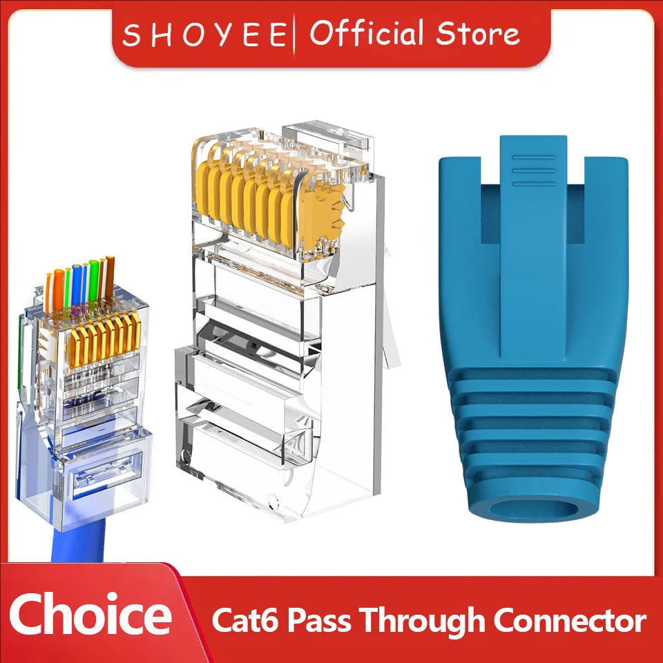 RJ45 Connector CAT6 Pass Through Connectors Crystal End Gold-Plated 8P8C UTP Protective Case Ethernet Network Modular Plug