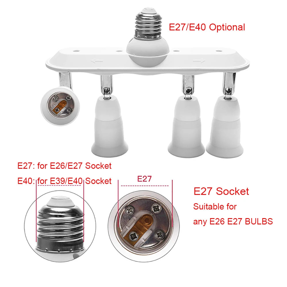 E27-5E27 3/4E26 Linear Edison Screw CFL LED Lamp Bulb Base Adapter 250V 2A Light Socket Splitter Extender