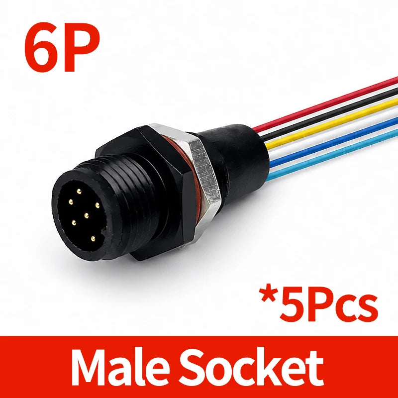 5PCS M12 IP65 Waterproof Aviation Connector 2 3 4 5 6 8 Pin Metal Panel Mount Male Plug Socket Pigtail Cable for Industrial Use