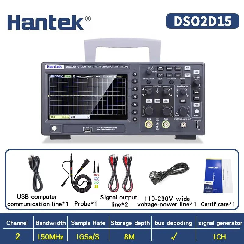 Hantek DSO2C10 DSO2C15 DSO2D10 DSO2D15 2CH Oscilloscope 100/150MHz 1GSa/s 8Mpts FFT UART I2C SPI CAN LIN 25MHz AWG D Models