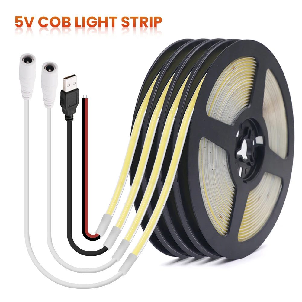 5V USB COB LED Strip 12V 3mm 5mm 8mm Width Flexible LED Tape 320LEDs COB Light with Adhesive High Density Linear Lighting