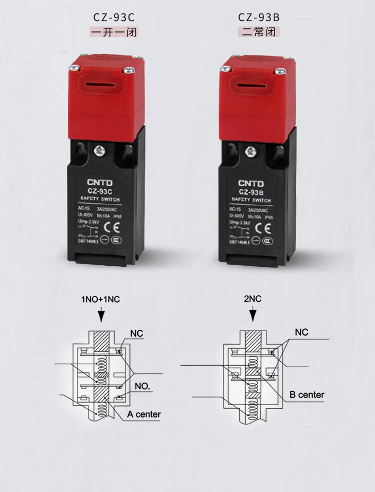 Safety Door Interlock Limit Switch CNTD CZ‑93CPM, plastic housing, IP65 waterproof, 10A 250VAC, 1NO1NC contact, for industrial m