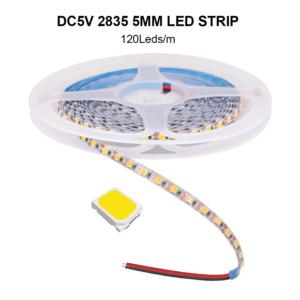 5V 2835 LED Strip Light 3mm 5mm 8mm PCB Width 120Leds/m Flexible LED Tape Ribbon Diode USB/2PIN Wire Led Lights for Room Decor