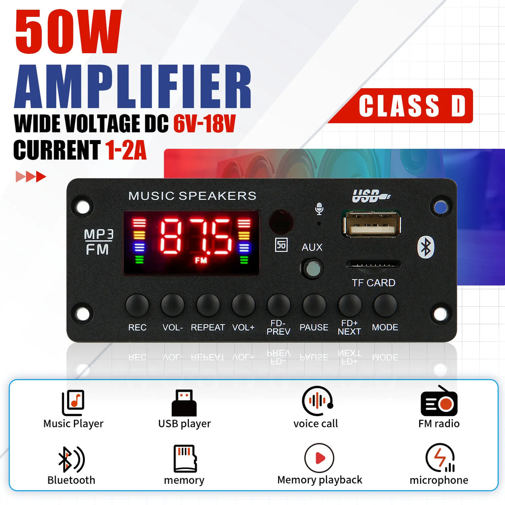 ARUIMEI 50W Amplifier 12V MP3 Decoder Board Bluetooth 5.0 25W Car MP3 Player USB Recording Module FM AUX Radio For Speaker