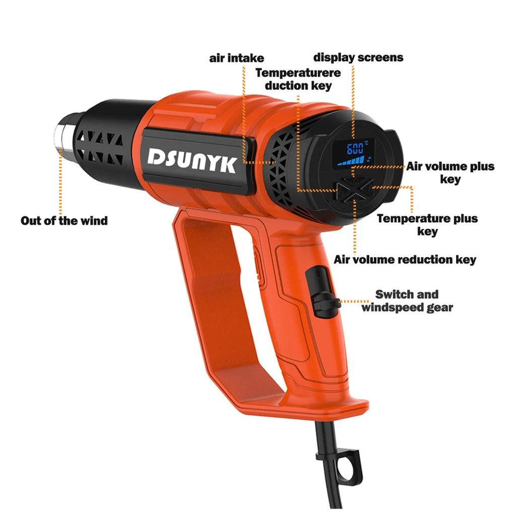 2500W 110V/220V EU/US Industrial Heavy Duty Hot Air Gun For Shrink Wrapping Adjustable Temperature Digital Display Heat Gun