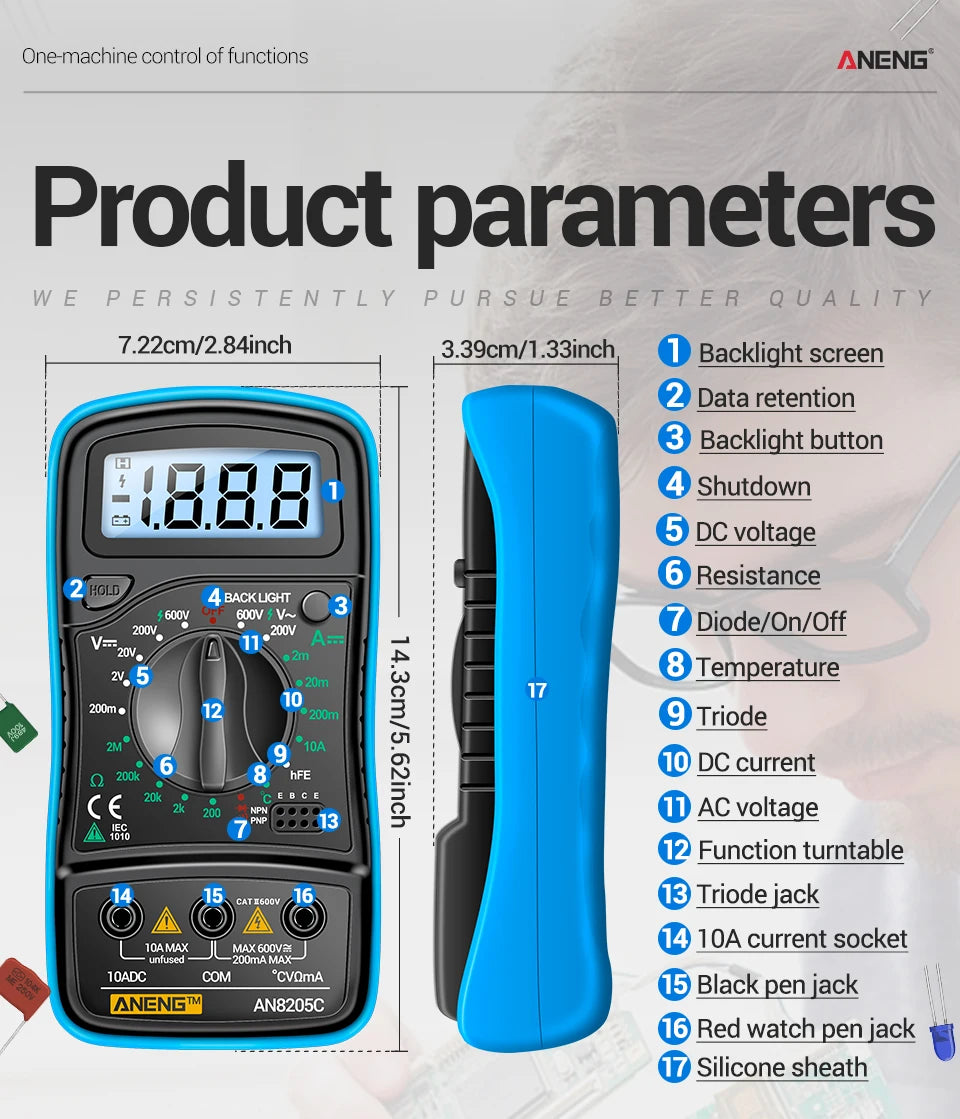Digital Multimeter 1999 Counts 600V AC/DC Voltage Temp Test for Car Repair ANENG AN8205C Blue Backlight hFE Triode DIY Test Tool