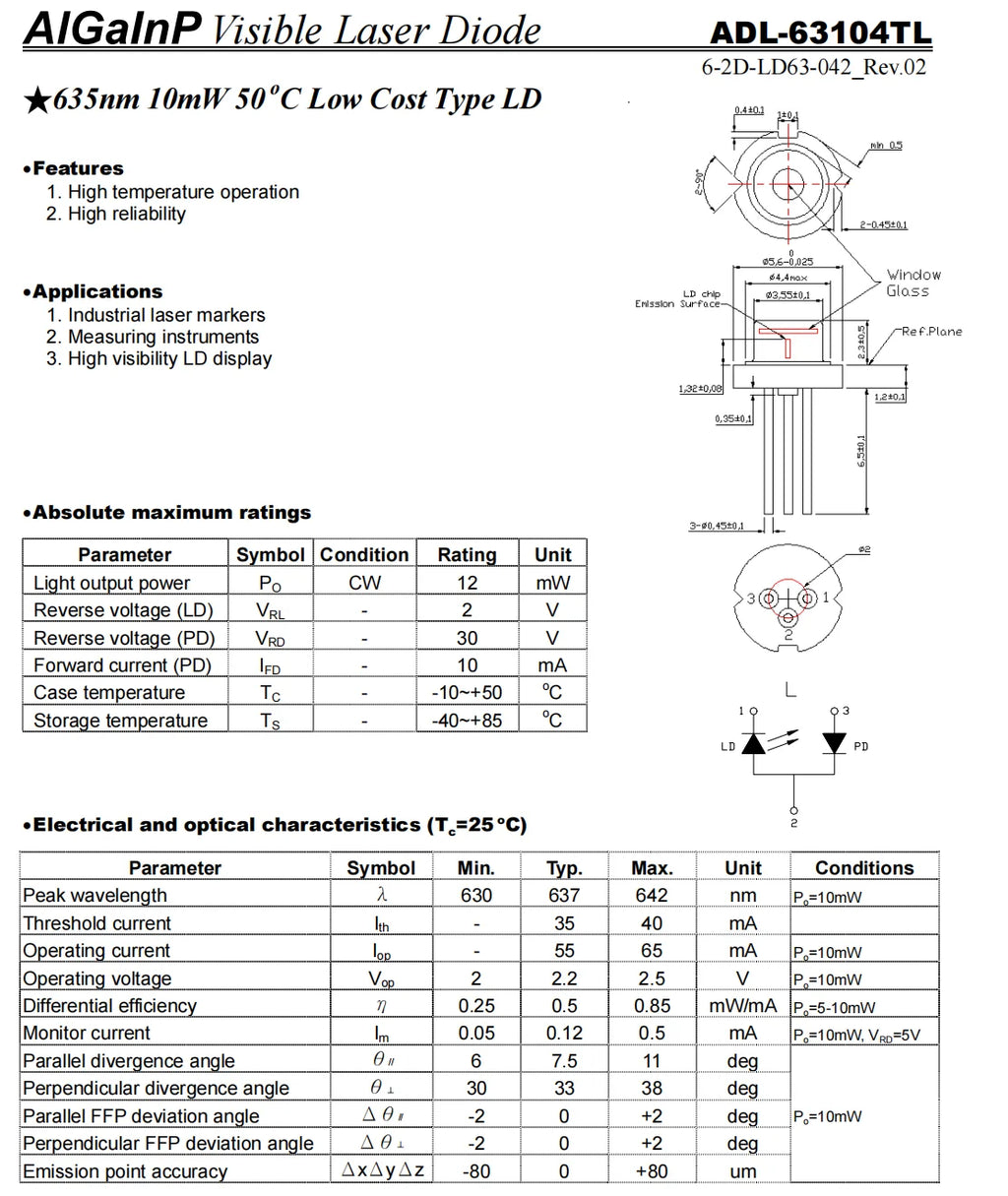 1piece 635nm 5mW RED Laser Diode TO56 N-Type RLD63NPC5 C6 638nm 640nm 10mW 15mW 30mW 50mW 120mW LD185mW GH0631IA2KC