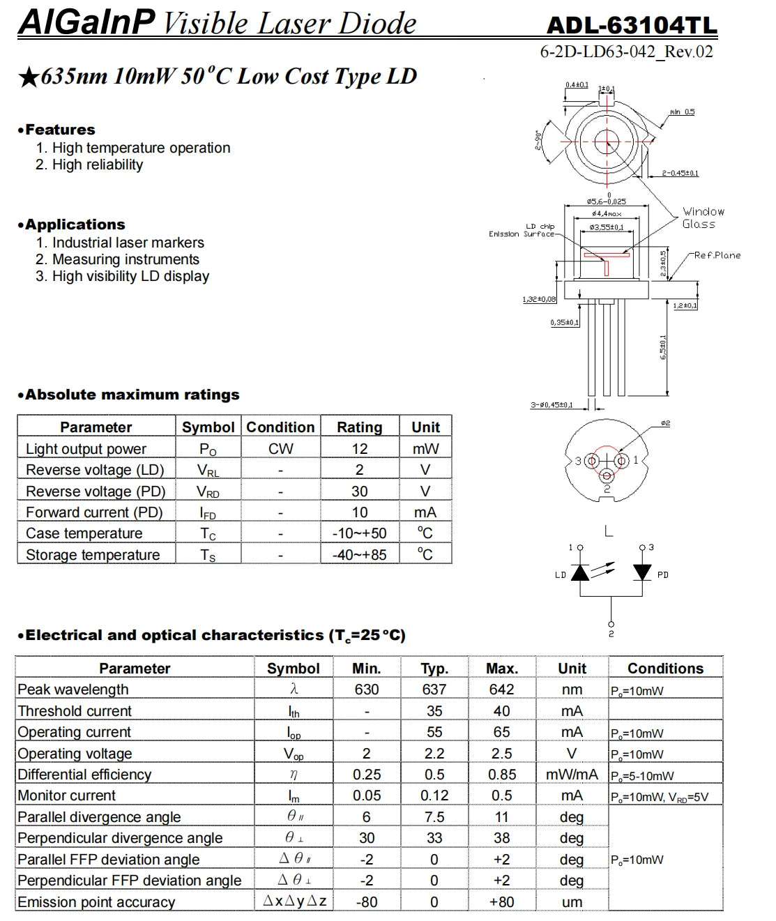 1piece 635nm 5mW RED Laser Diode TO56 N-Type RLD63NPC5 C6 638nm 640nm 10mW 15mW 30mW 50mW 120mW LD185mW GH0631IA2KC