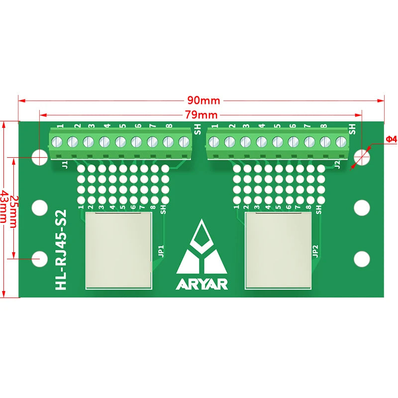 RJ45 Breakout Board 2 RJ45 Jacks and 2 *8pins Terminal Blocks DIN Rail And Panel Mounting Foot