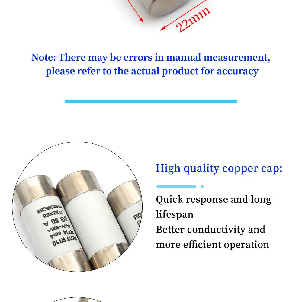 Stlxy 5/10/20Pcs 22*58mm(RO17) Fast blow Ceramic Fuse 500V RO17-40A 50A 63A 80A 100A 125A RT18 RT14 Base