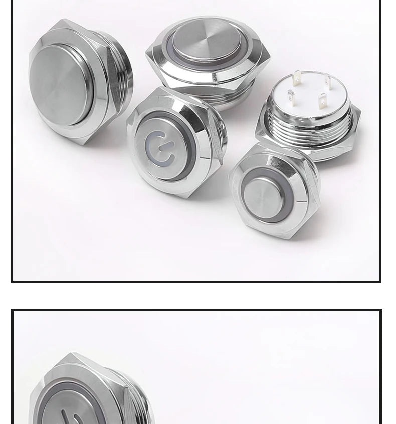 12/16/19/22mm Metal Push Button Switch Short Stroke Silver Shell Waterproof High Head With Power LED Light Momentary 1NO 6V 24V