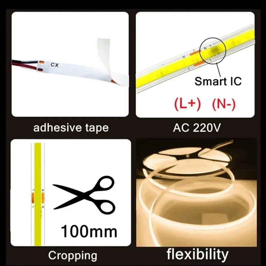 10W/M Ultra-high Power 220V COB LED Strip Light 10m Flexible Tape Light Smart IC No Need Driver High Bright Linear Lighting RA95