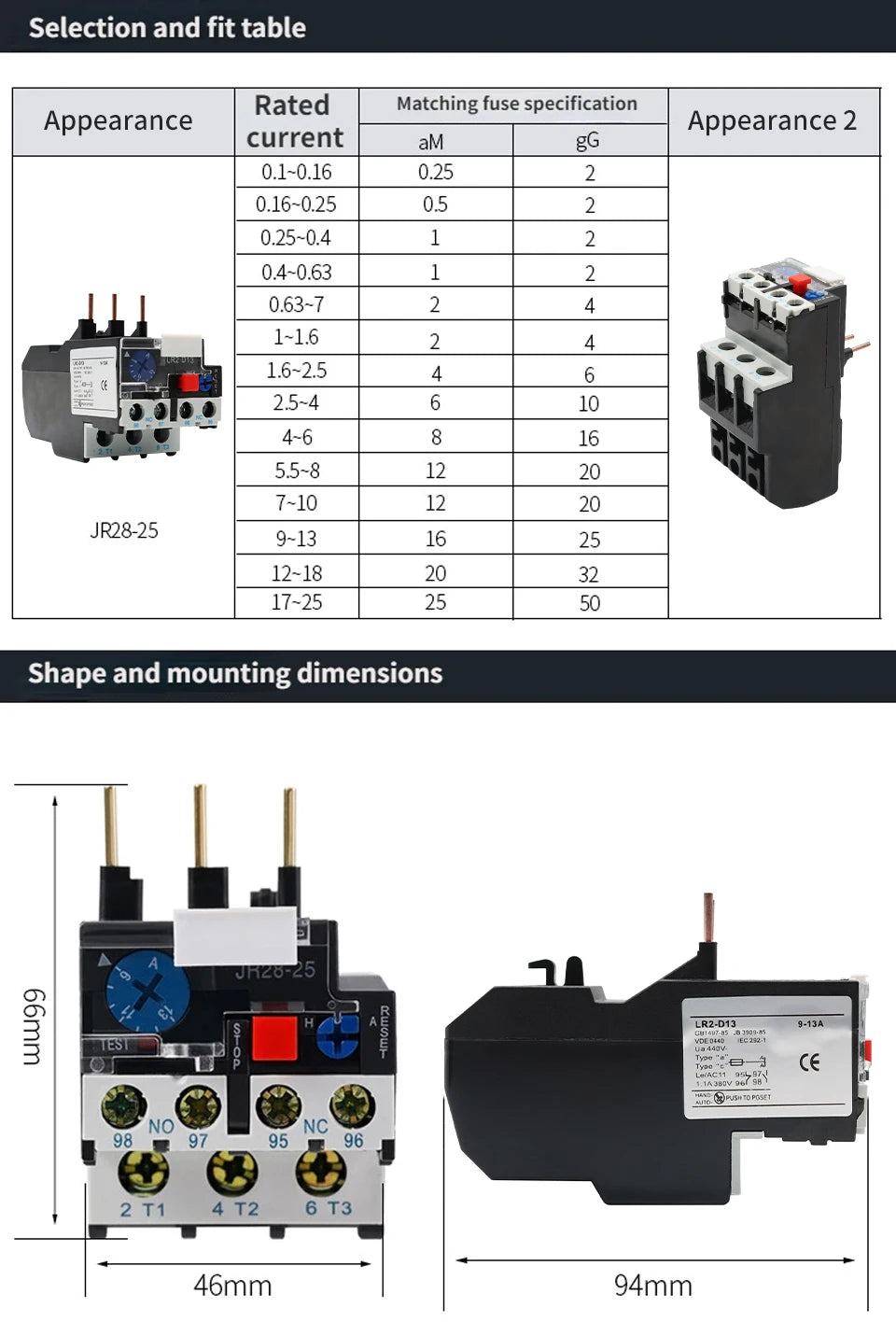 JR28-25 Thermal Overload Relay Adjustable Relaying With Over Current Protection Used For AC Contractor CJX2-12/18 Series