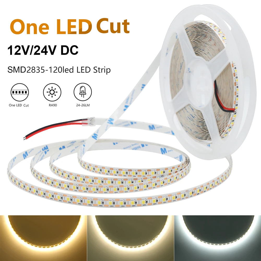 5mm 8mm PCB Led Strip Light 1 LED Cut 12V 24V 5m 2835 SMD 120LEDs/m High Brightness Flexible Tape LED Lighting Ribbon for Home