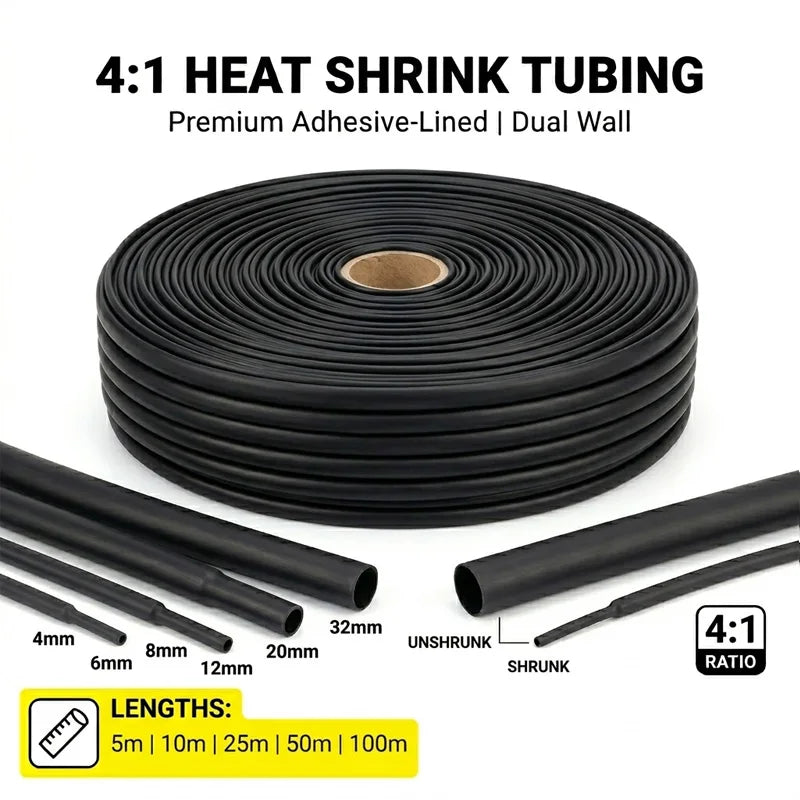 4:1 Heat Shrink Tubing with Glue Dual Wall Adhesive Lined 4-32mm OD | 5m 10m 25m 50m 100m Black Waterproof Industrial Wire Wrap