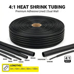 4:1 Heat Shrink Tubing with Glue Dual Wall Adhesive Lined 4-32mm OD | 5m 10m 25m 50m 100m Black Waterproof Industrial Wire Wrap