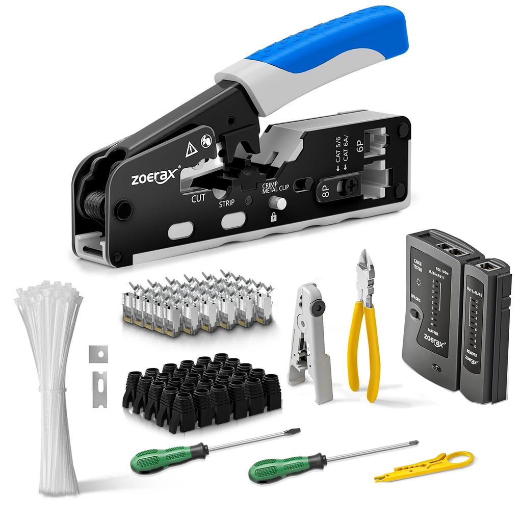 ZOERAX RJ45 Ethernet Crimping Tool for CAT8 Cat7 Cat6a Cat6 Cat5e Ethernet Connectors with wire stripping and cutting functions