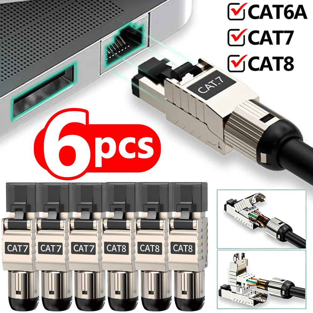 RJ45 Modular Plugs Tool Free Cat8 Cat7 Cat6A Zinc Alloy Toolless Shielded Termination Plug 2000MHz 40G LAN Cable for 22AWG-24AWG