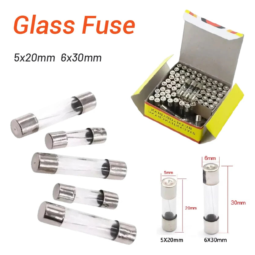 Fast Blow 0.1A 0.2A 0.5A 1A 2A 3A 4A 5A 6A 7A 8A 10A 12A 15A 20A 30A Glass Fuse 5*20MM 6*30MM 250V