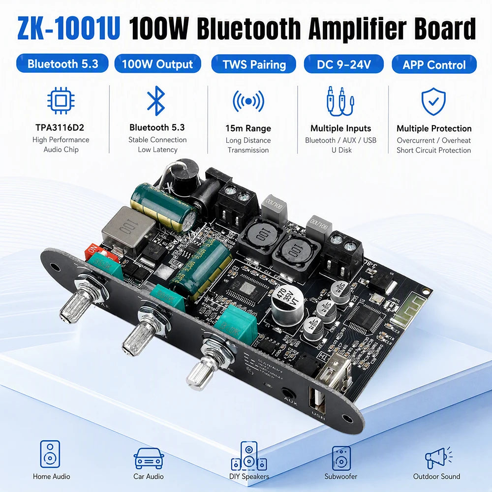 ZK‑1001U Mono 100W Bluetooth Amplifier Board TPA3116D2 DC9‑24V TWS Stereo Pairing Support Wuzhi Audio APP AUX U Disk USB Sound Card Amp Module