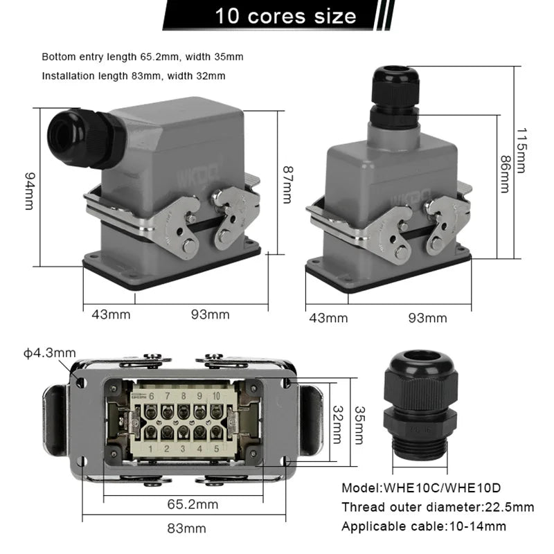 HDC HE Heavy Duty Connector 6/10/16/24/32/48 Core Pin Top/Side Outlet Aviation Plug Rectangular Waterproof Electrical Wiring
