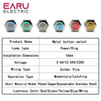 16mm Metal Push Button Switch Ring Lamp Power Symbol Buttons Waterproof Flat Head Momentary Latching LED Light Self-lock 1NO1NC