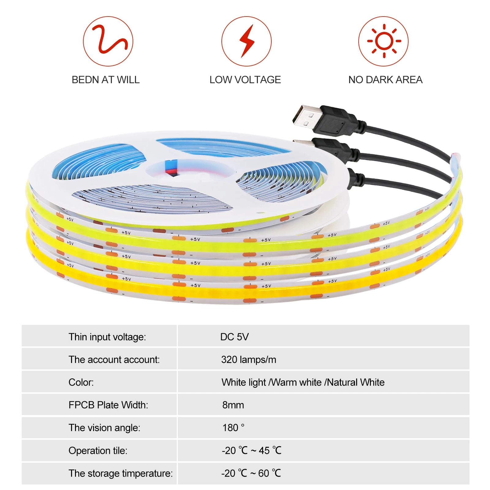 Super Bright USB DC5V COB Led Light Strip 320LED/m High Density Flexible Linear Lighting Warm/Natural/White 50cm 1m 2m 3m 4m 5m