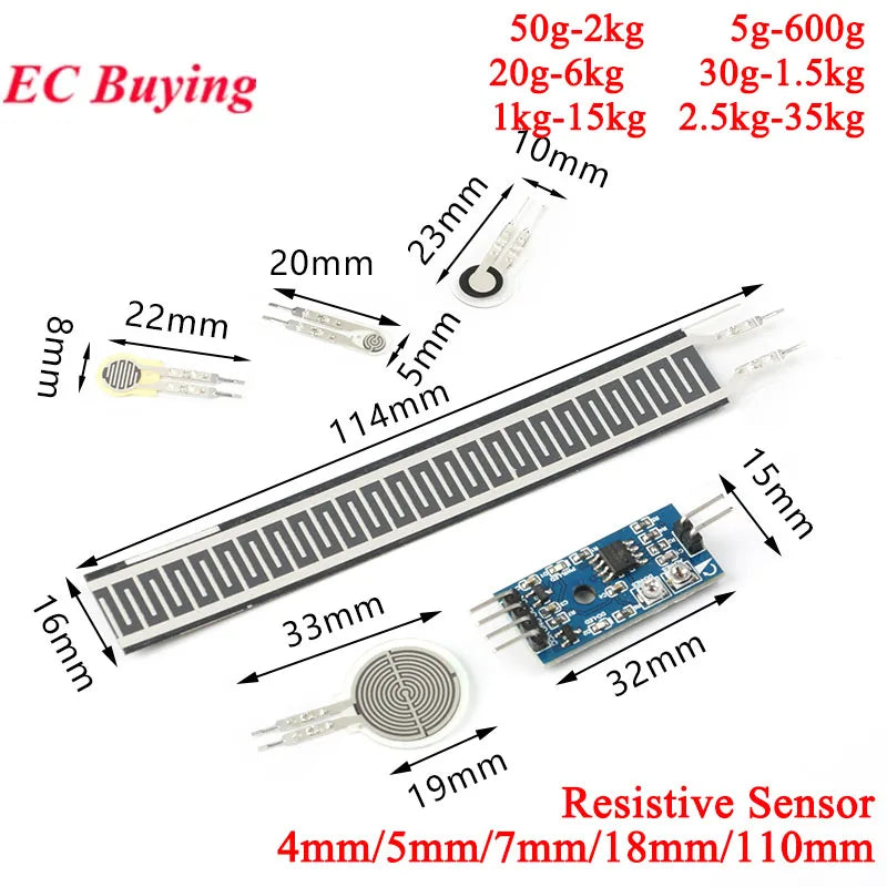 2Pcs/1pc Resistive Thin Film Pressure Sensor Flexible Force Sensitive Resistor Load Cell Converter Module 4/18/110mm For Arduino